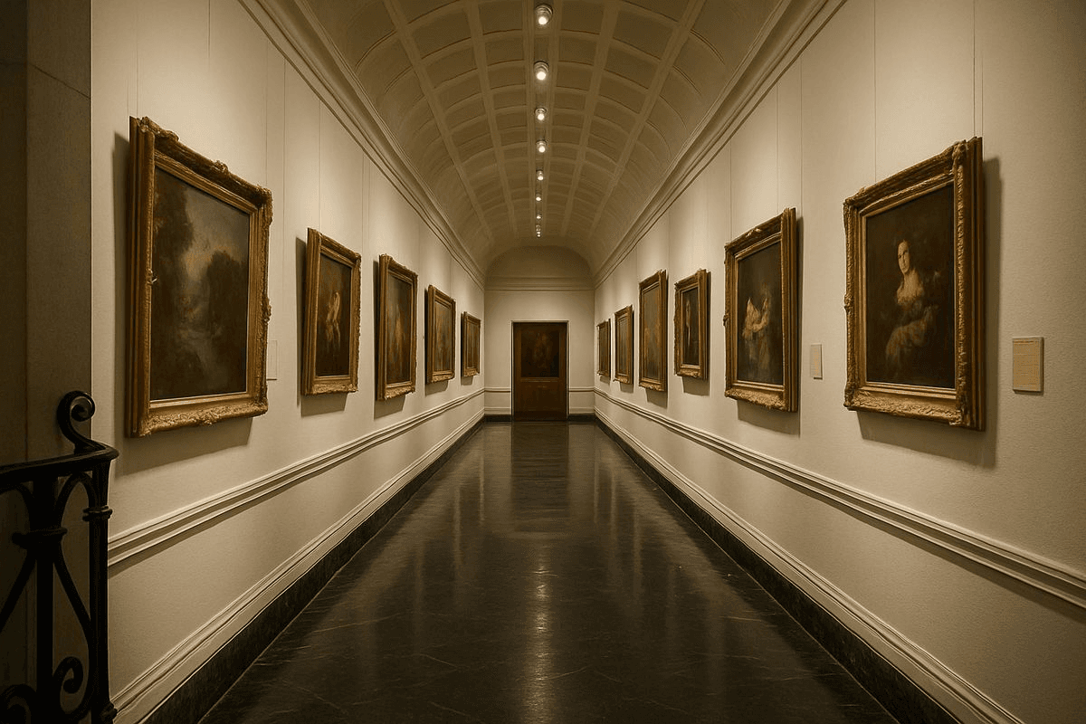 Luminous white museum gallery corridor